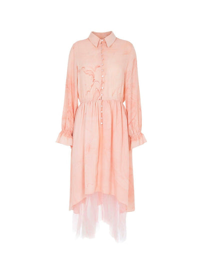Edward Mongzar Silk & Tulle Hand Marbled Button Up Dress in Pink