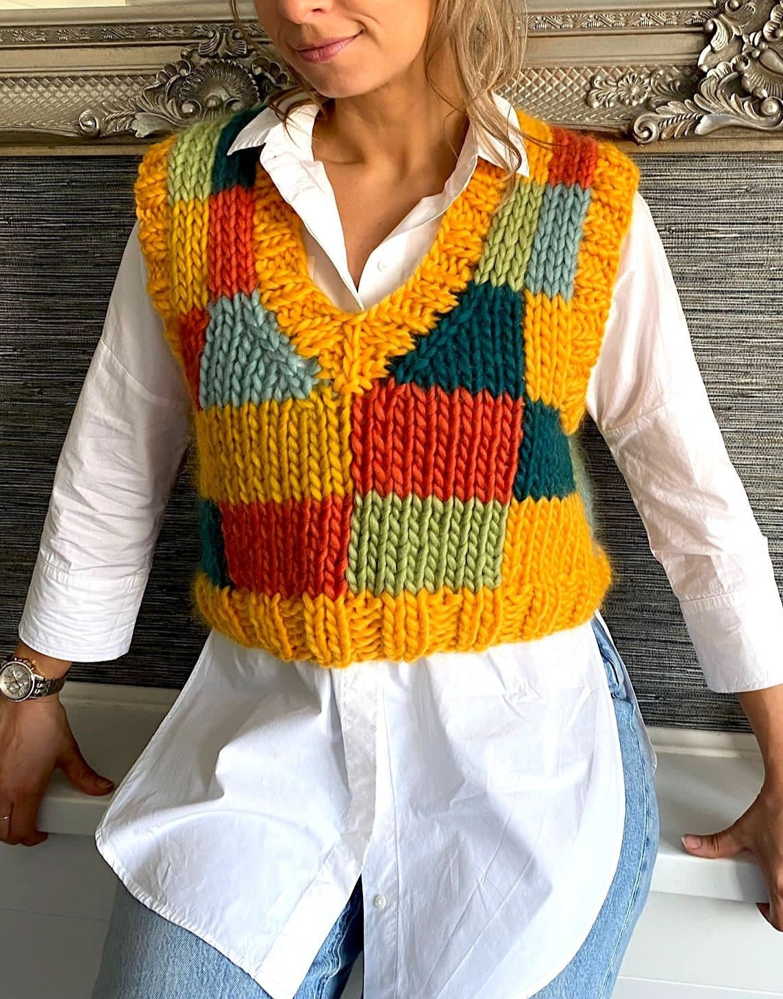 Chunky Knit 100% Merino Wool V Neck Vest