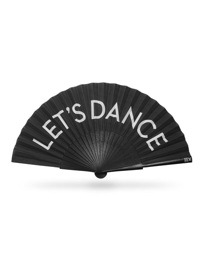 Khu Khu Let's Dance Hand-Fan. White letters on Black cotton fabric with black wooden sticks. White logo. Black rivets and fabric rim. 