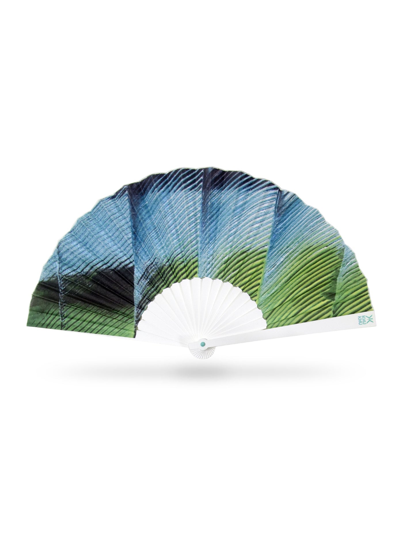 Khu Khu MACAW Tropical Bird Wing Print Hand-Fan in blue and green tones. Painted and then printed onto high grade cotton with swiss acrylic bespoke shape white sticks. Blue rivet and white rim. Engraved logo. 